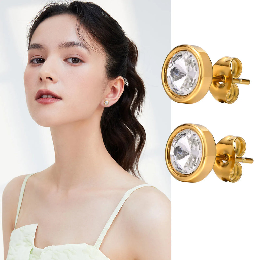 Round CZ Stud Earrings – Gold Plated Stainless Steel Women CZ Stud Earrings SPOT