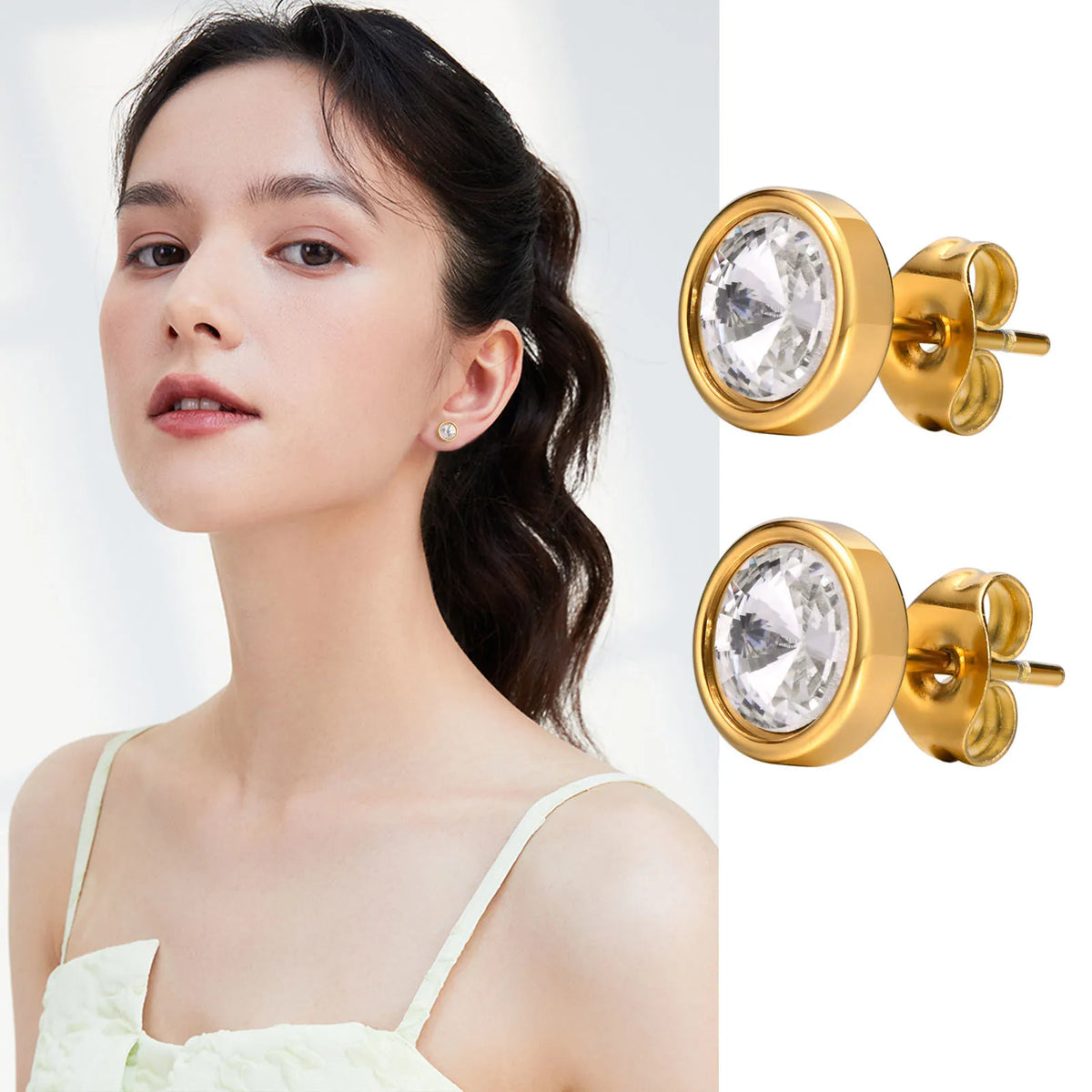 Round CZ Stud Earrings – Gold Plated Stainless Steel Women CZ Stud Earrings SPOT