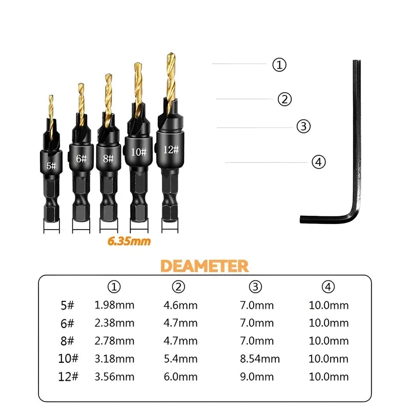 5-Piece Countersink Drill Bit Set for Wood – #5 to #12 Countersink Drill Bit Set SPOT