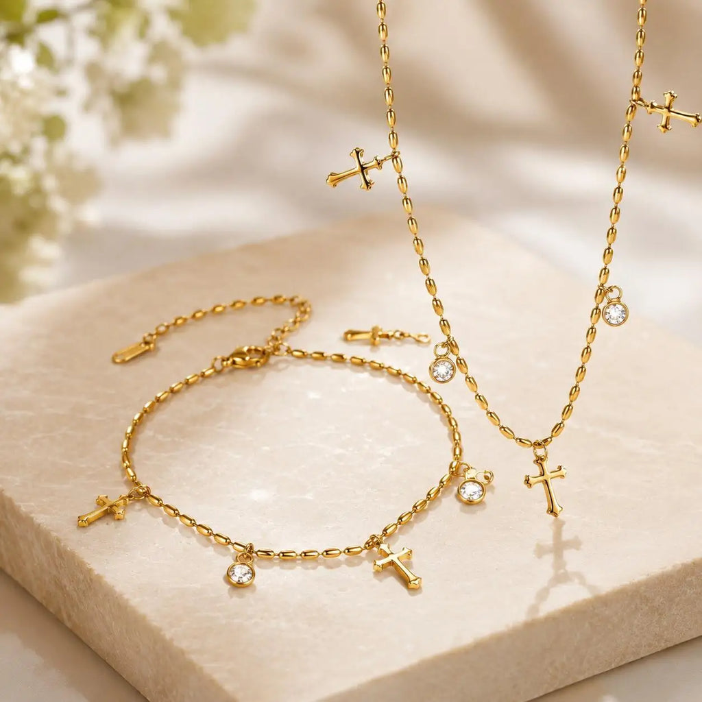 CZ Cross Bracelet Gold Plated Olive Bead Chain for Women Charm Bracelet SPOT