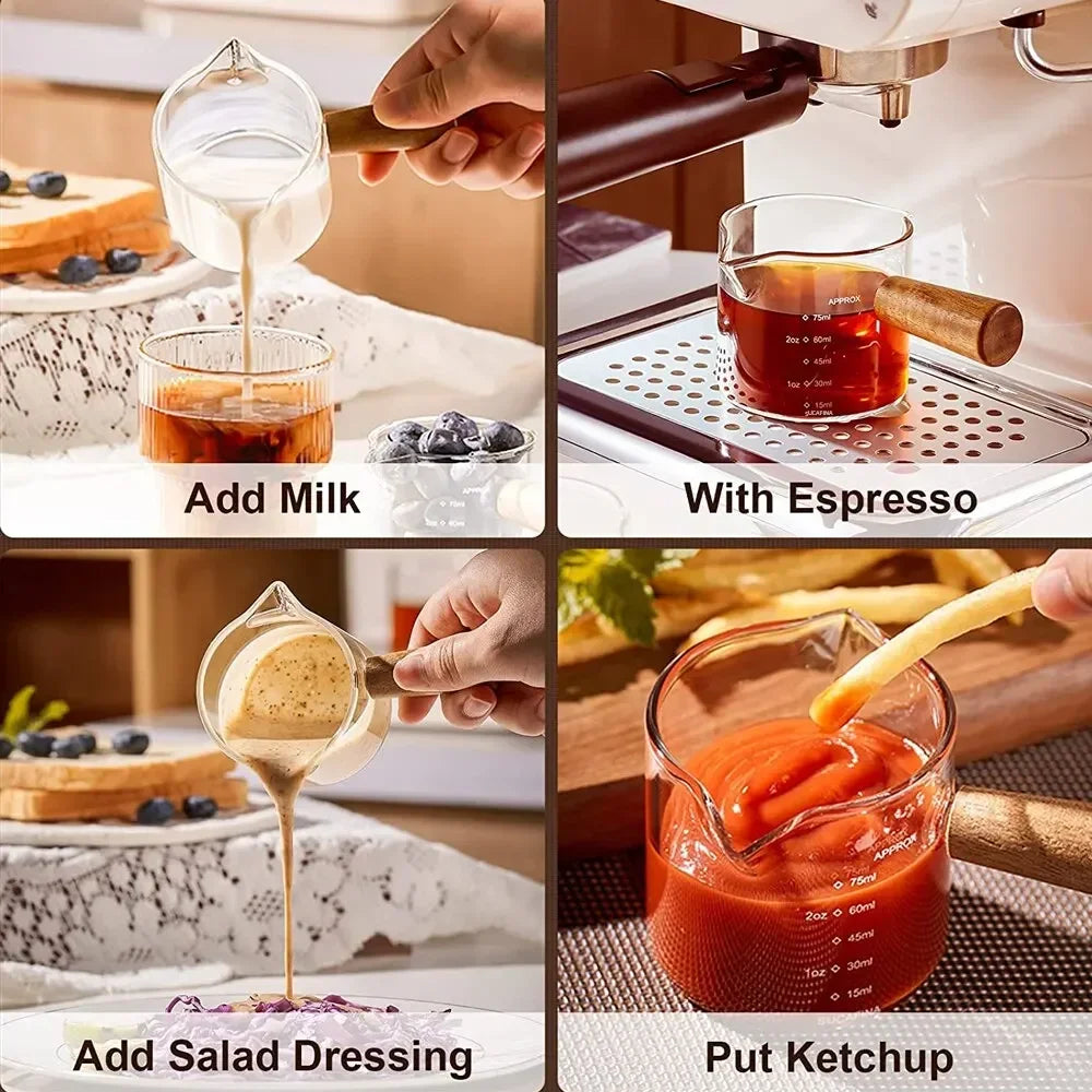 Glass Espresso Measuring Cup with Wood Handle | Coffee Mug Espresso Measuring Cup SPOT