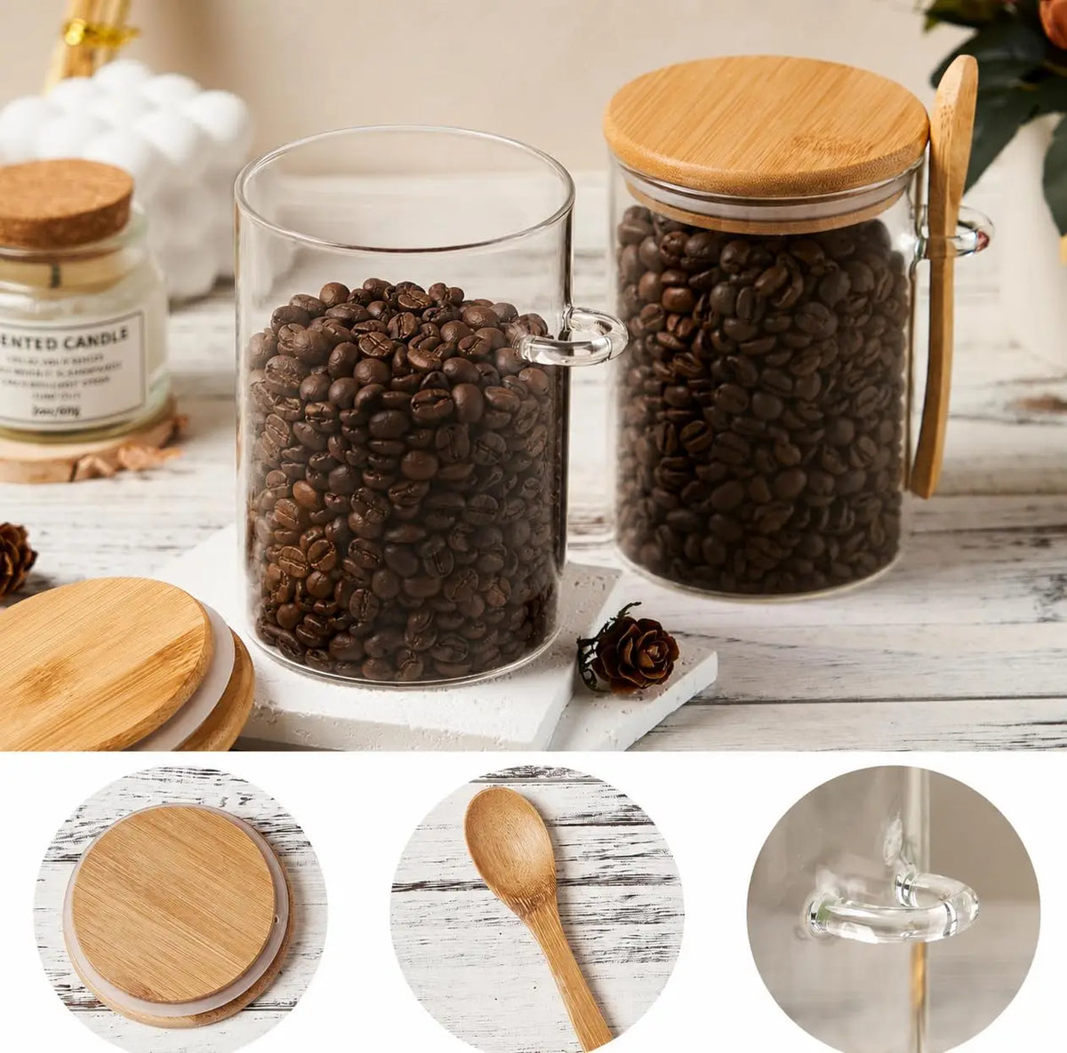 Airtight Glass Jars with Bamboo Lids & Spoons – 18oz Set Glass Food Storage Jars SPOT