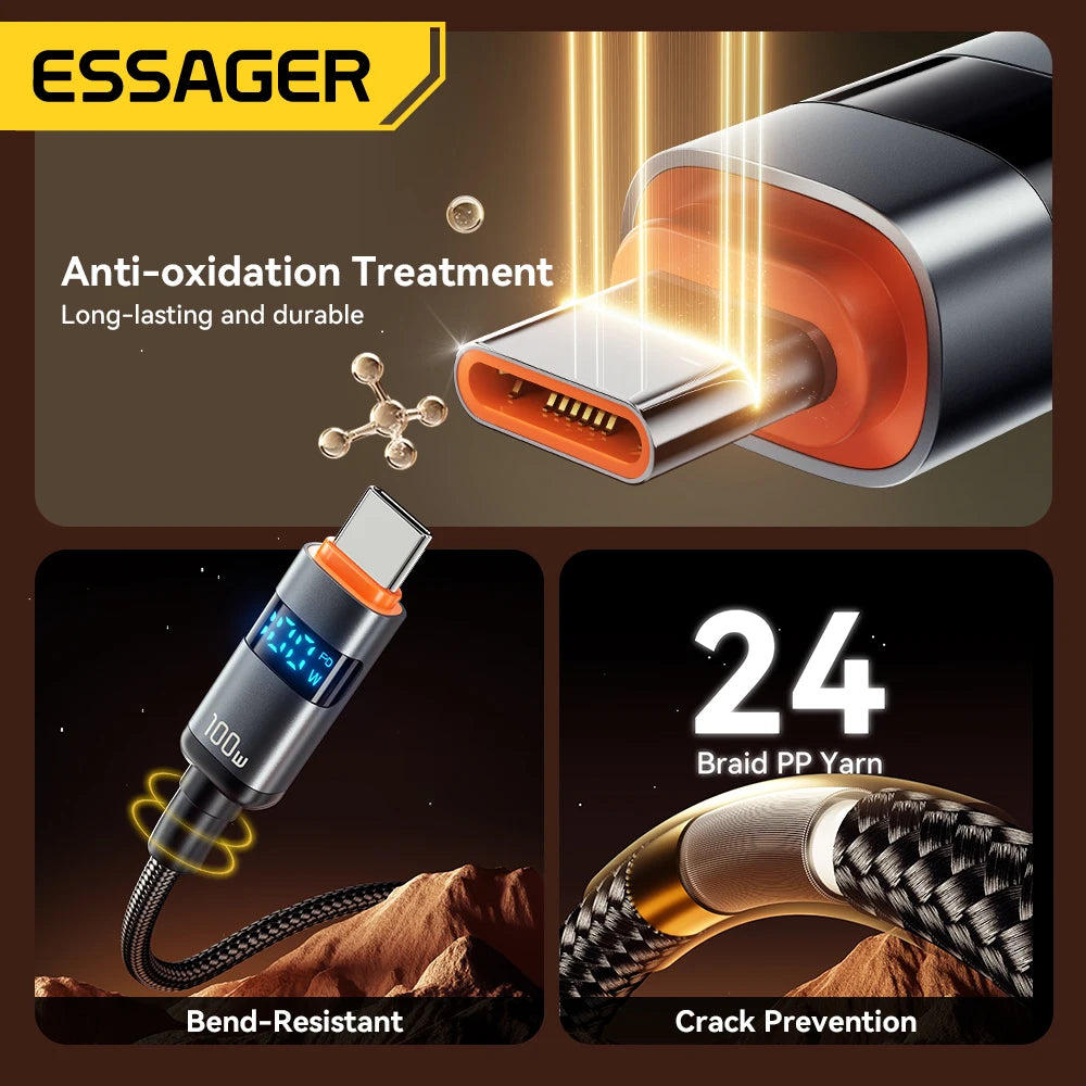 Essager 100W USB-C Cable 5A PD Fast Charging with LED USB-C Charging Cable SPOT