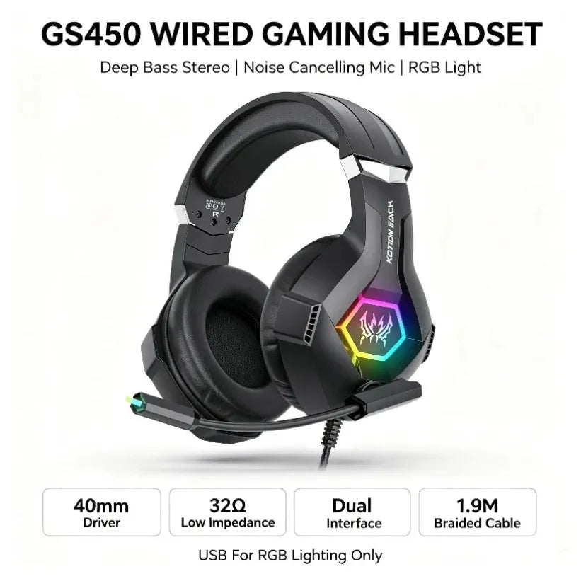 VIKEFON GS450 Wired Gaming Headset RGB Bass Noise-Cancel Mic Gaming Headset SPOT