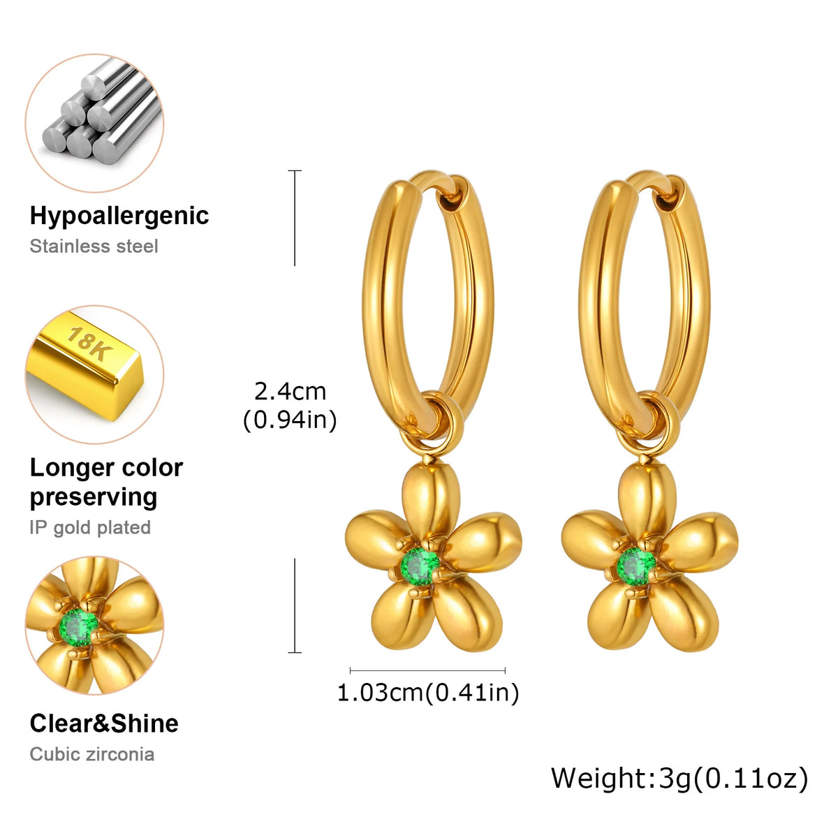 Zircon Flower Huggie Hoop Earrings | 18K Gold Plated Steel Huggie Hoop Earrings SPOT