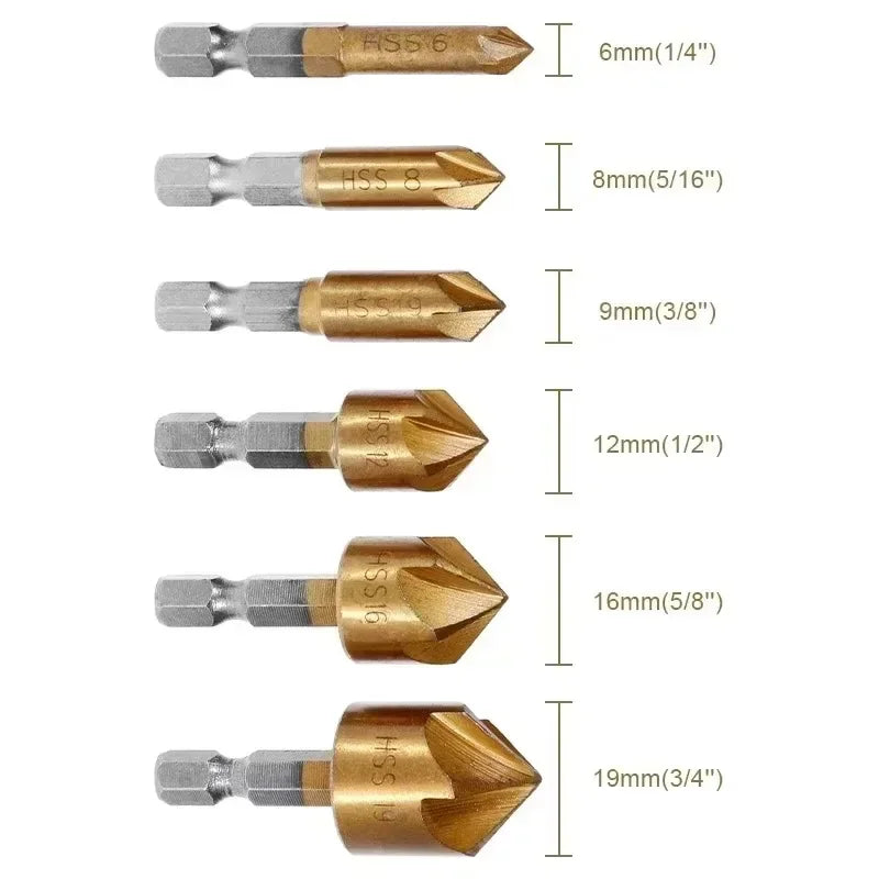 6-Pc Titanium Countersink Drill Bit Set – Hex Shank Countersink Drill Bits SPOT