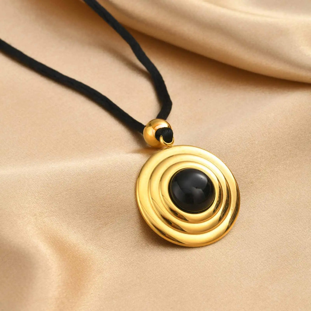 Black Onyx Round Pendant Necklace | Gold Boho Jewelry Pendant Necklace SPOT