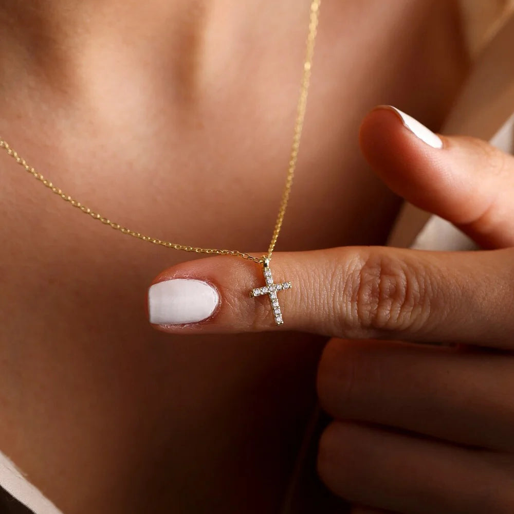 CZ Cross Pendant Necklace for Women – Gold Adjustable Chain Cross Pendant Necklace SPOT