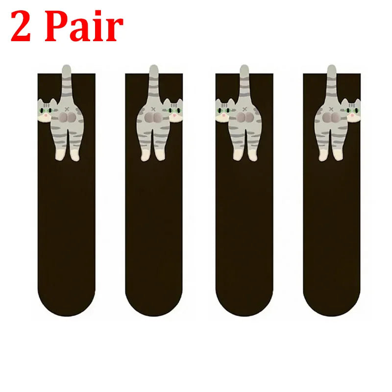 Funny 3D Cat Cartoon Mid-Tube Cotton Socks | Cute Gift Novelty Cotton Socks SPOT 2 pair black One Size