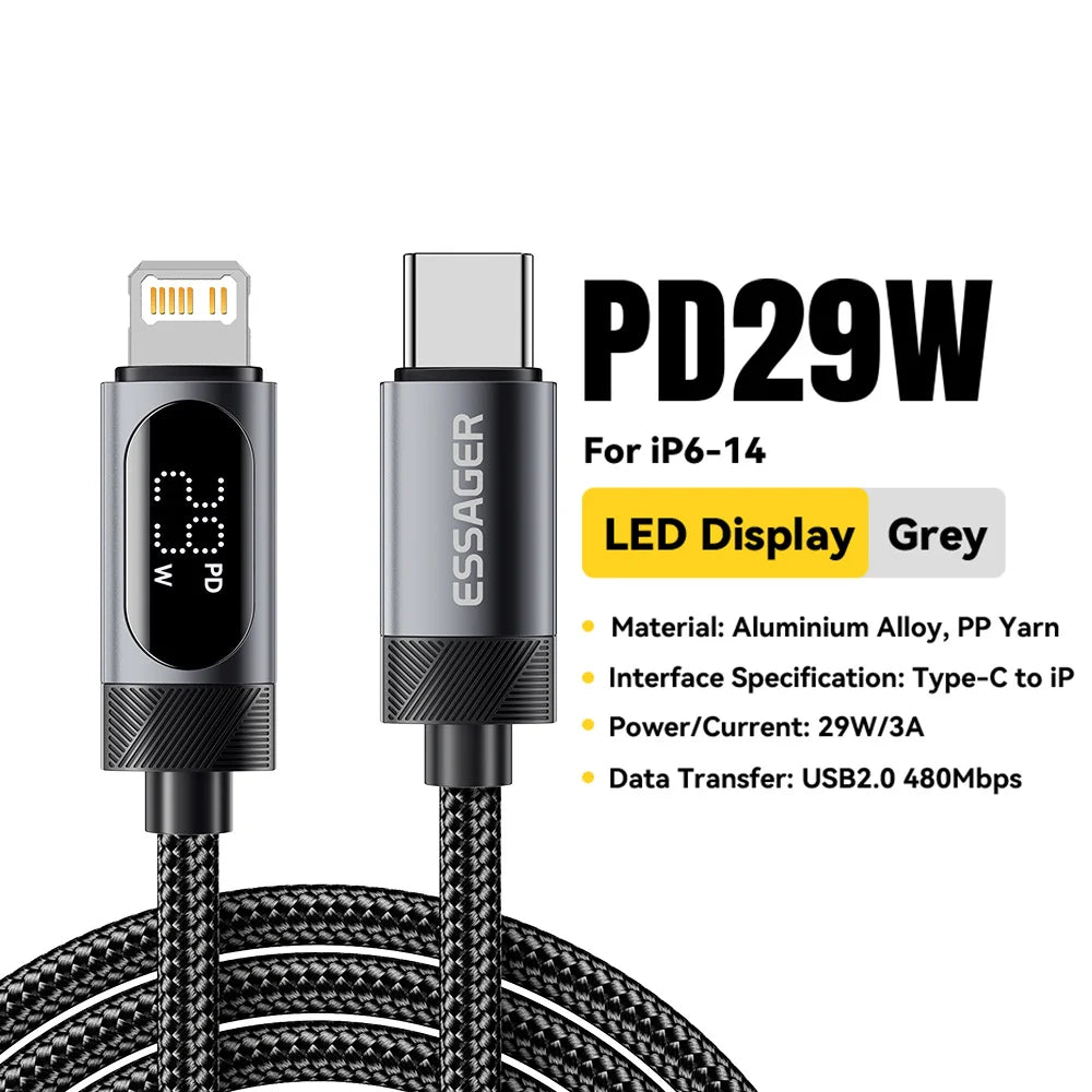 Essager USB-C to Lightning Cable – Digital Display PD 29W Fast Charge USB Charging Cable SPOT Grey 0.75m