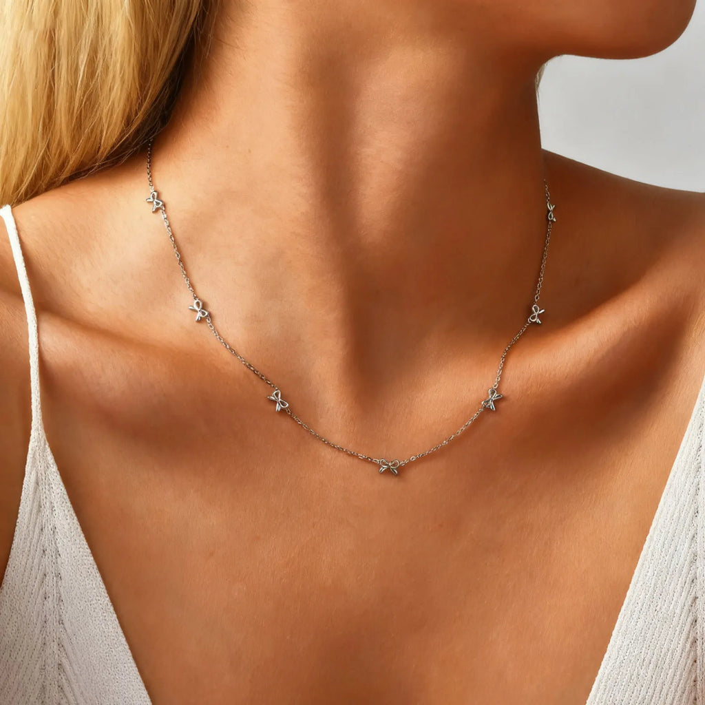 Dainty Bow Necklace – Silver Bowknot Choker for Women Bow Choker Necklace SPOT