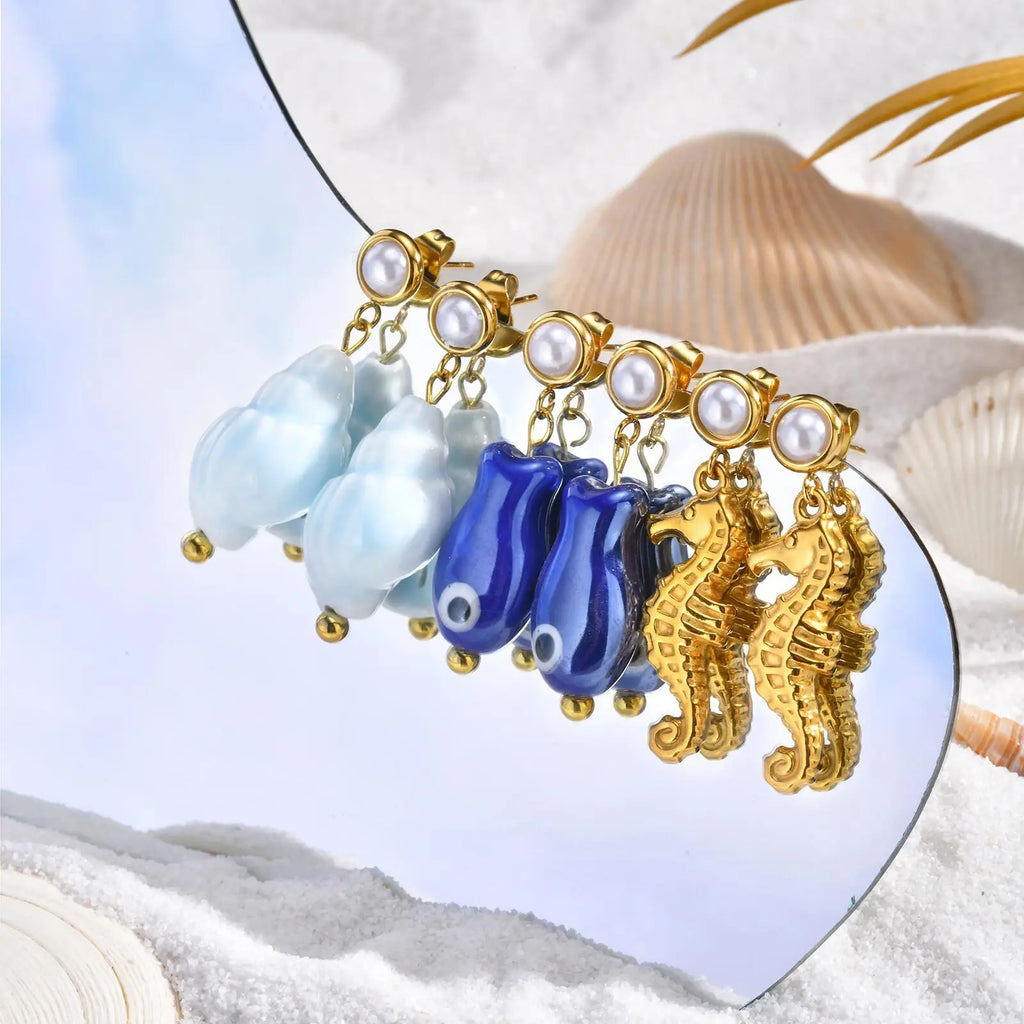 Light Blue Ceramic Conch Dangle Earrings – Waterproof Beach Jewelry Dangle Earrings SPOT