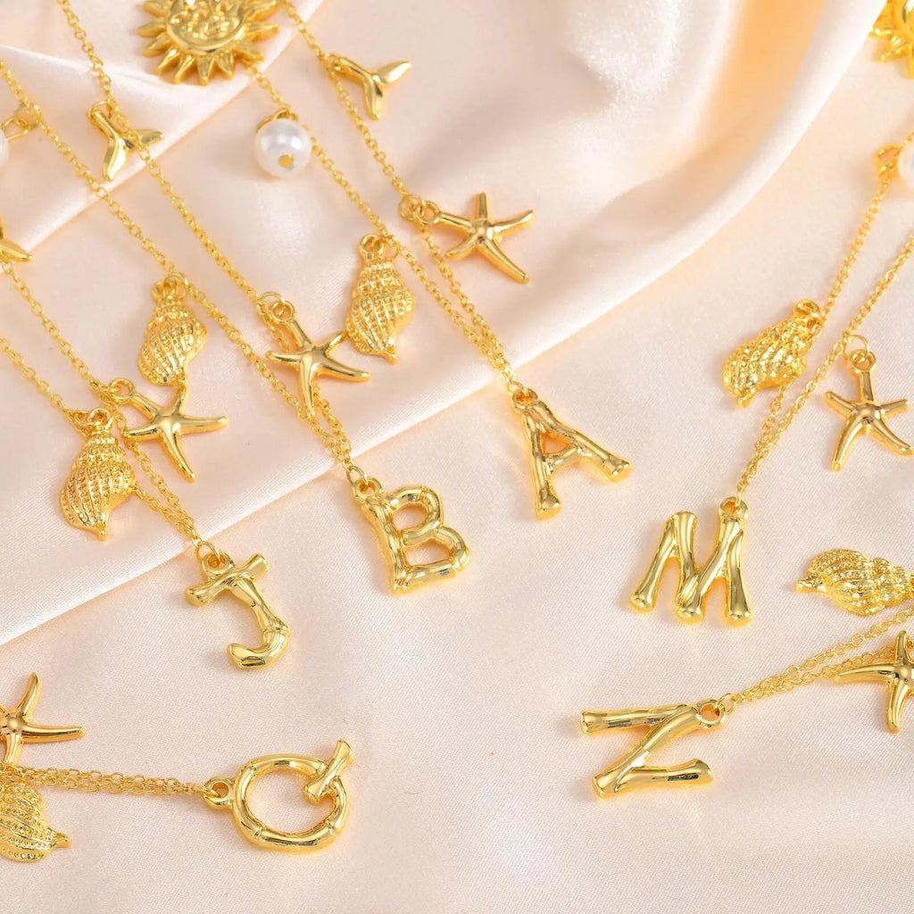 Boho Initial Letter Necklace – Seashell Starfish Beach Pendant Initial Pendant Necklace SPOT