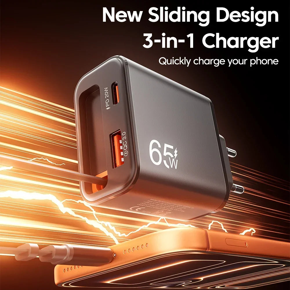 65W USB-C Wall Charger QC 3.0 & PD + Retractable Cable USB-C Wall Charger SPOT