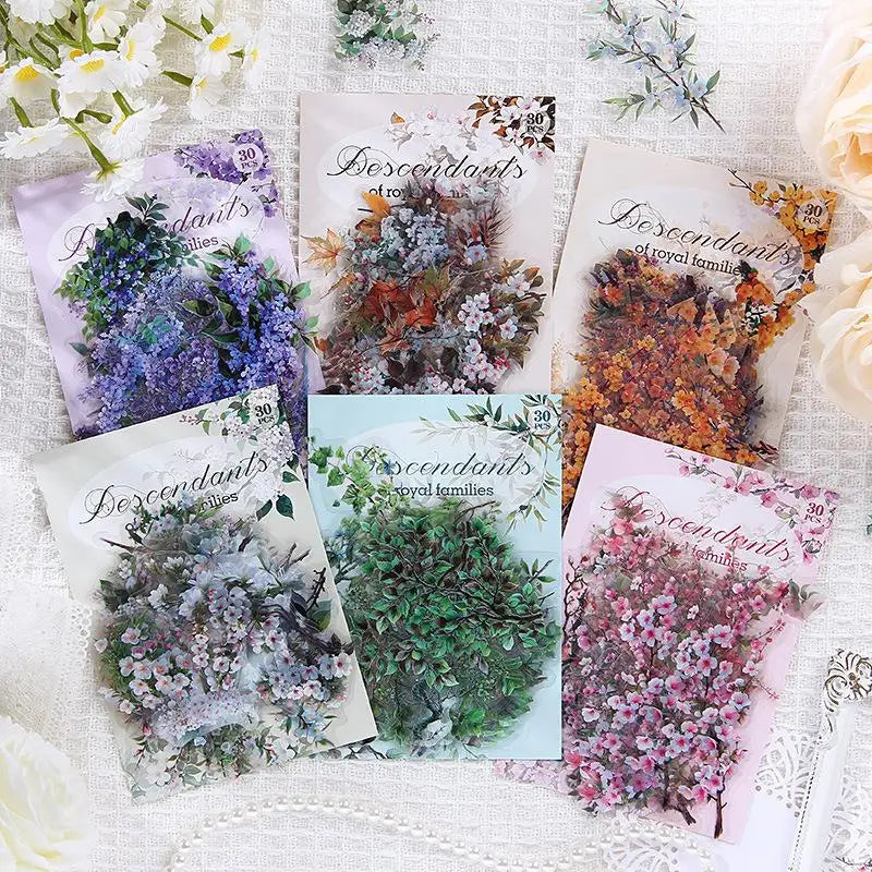 30-Pack Vintage Waterproof PET Flower Stickers for DIY Crafts Decorative Craft Stickers SPOT