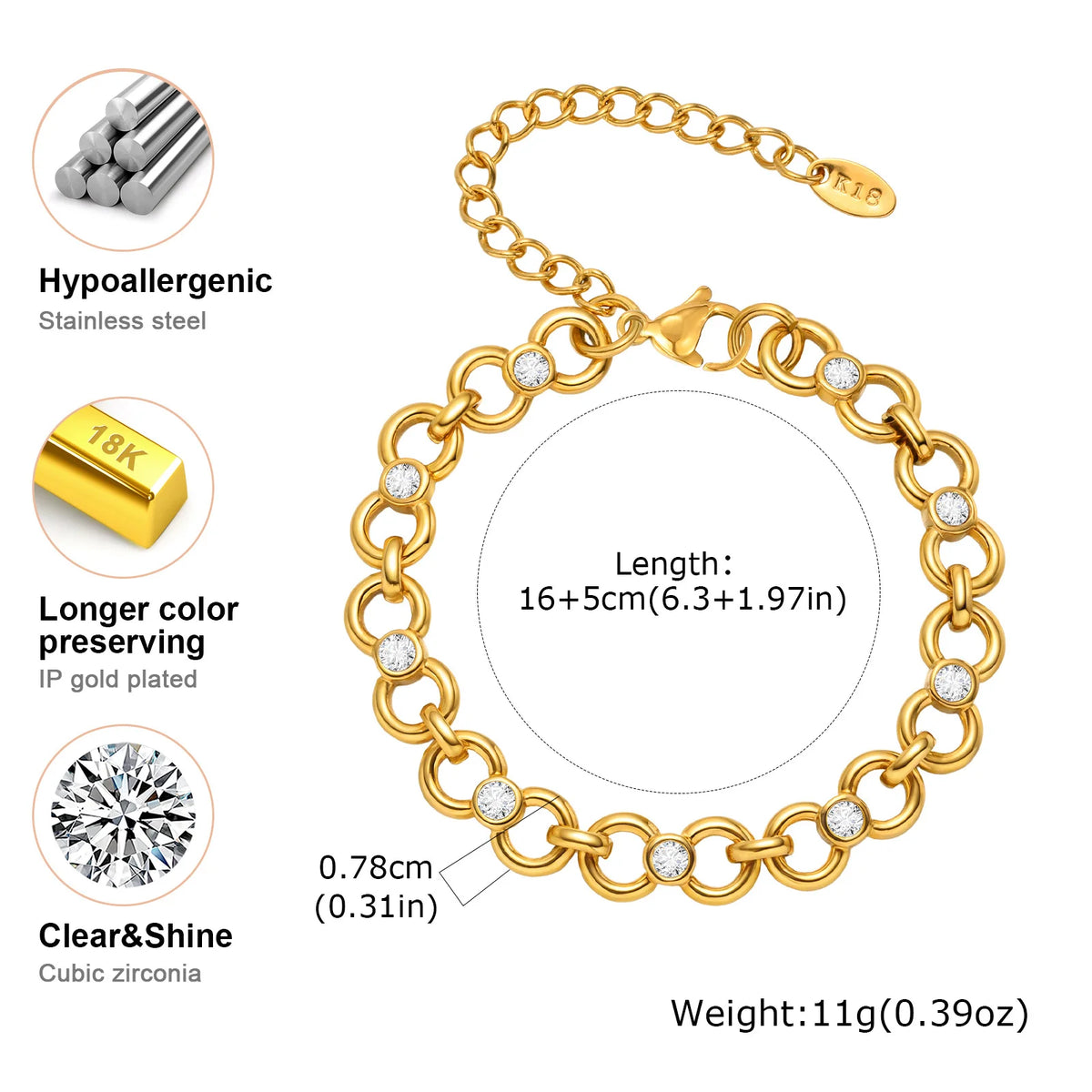 Round Zircon Chunky Link Bracelet – 18K PVD Gold Plated Women Chain Link Bracelet SPOT
