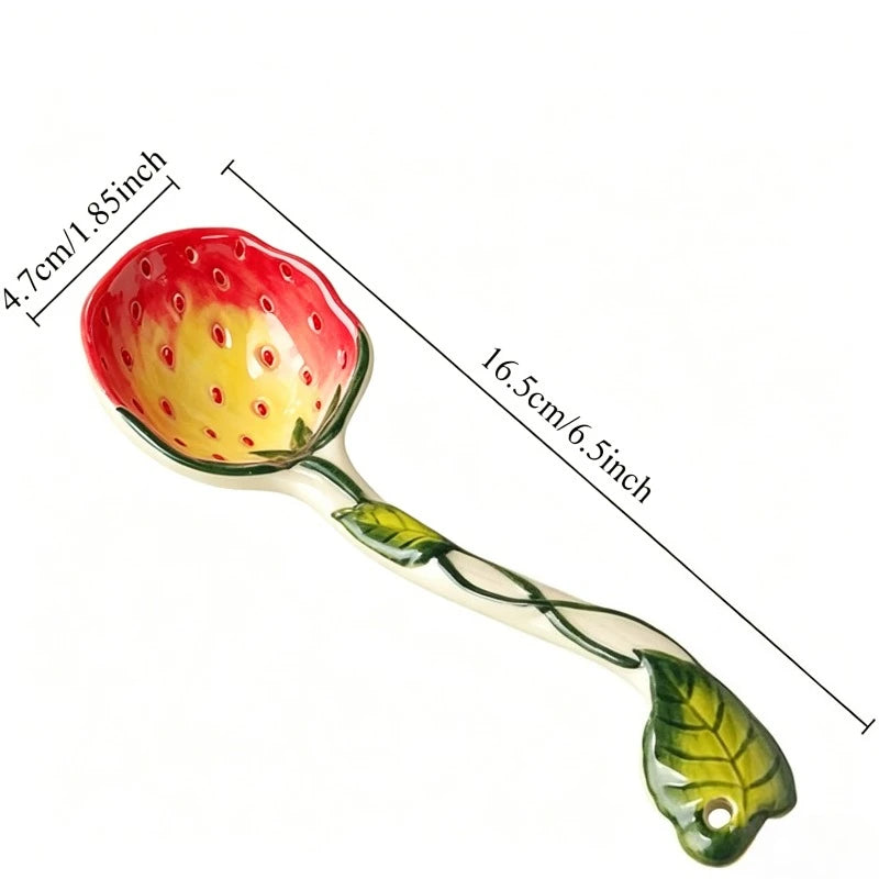 Hand-Painted Strawberry Ceramic Soup Ladle & Stirring Spoon Ceramic Kitchen Spoon SPOT