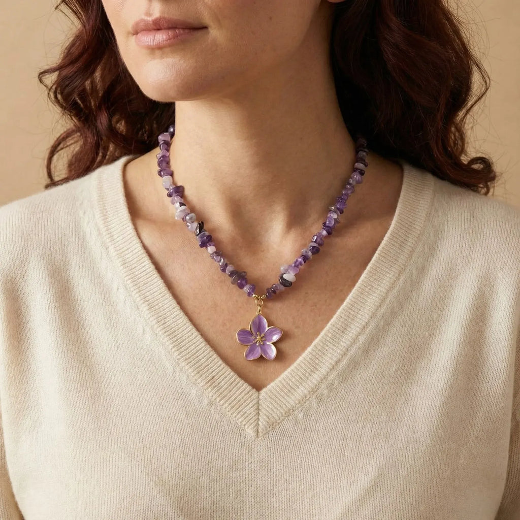 Flower Pendant Necklace – Stainless Steel & Amethyst Beads Pendant Necklace SPOT
