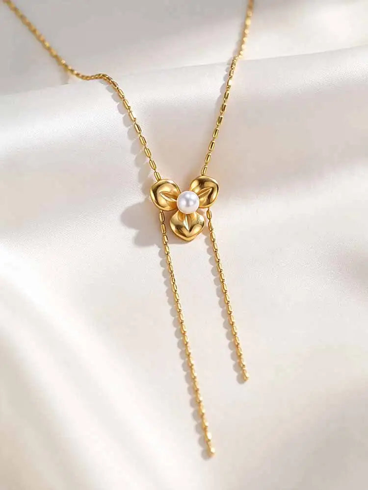 Gold Lariat Y-Necklace – Pearl Flower 316L Stainless Steel Lariat Necklace SPOT