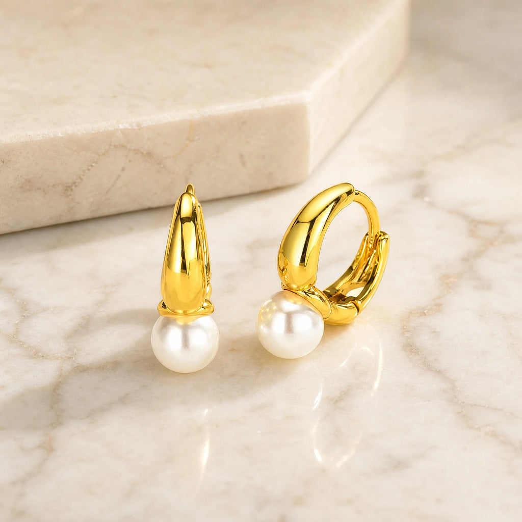 Imitation Pearl Huggie Hoop Earrings – Minimalist Gold Hoops Huggie Hoop Earrings SPOT