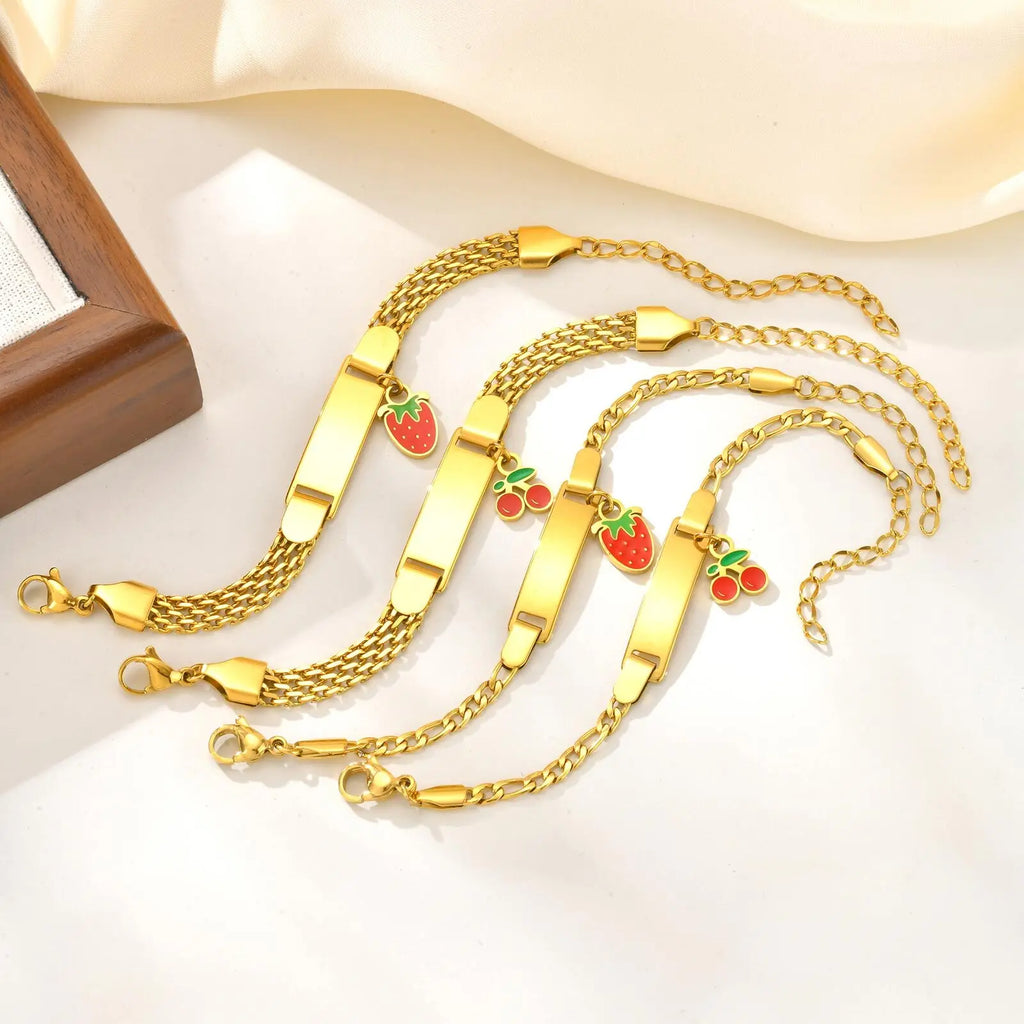 Personalized Children's Name Bracelet – Strawberry Cherry, Gold Personalized Kids Bracelet SPOT