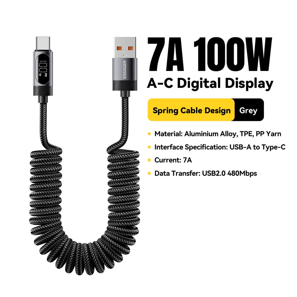 Essager 100W Retractable USB-C Cable – PD Fast Charging 6A USB-C Charging Cable SPOT 7A 100W A To C Grey 1.2m