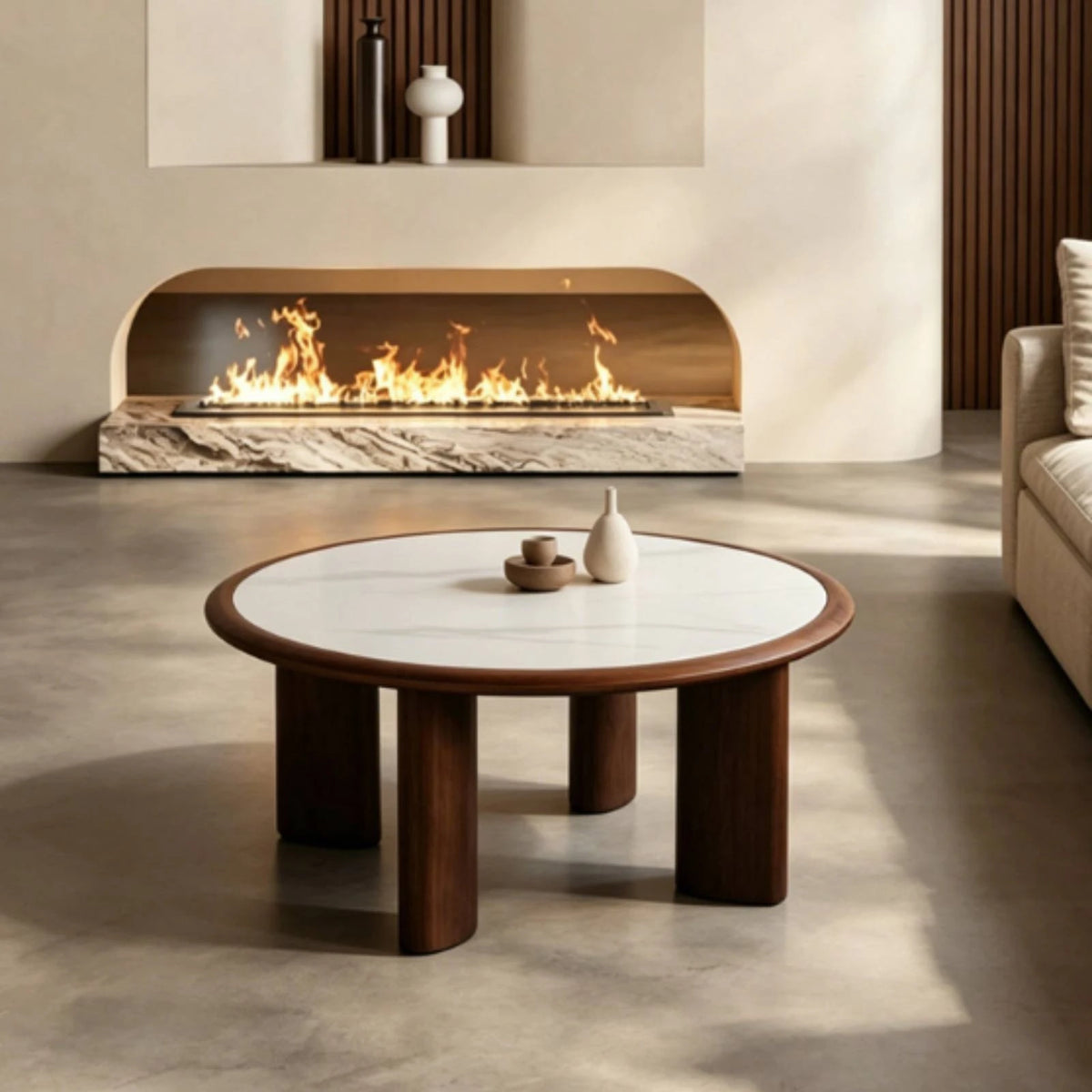 Round Minimalist Coffee Table with Stone-Look Top | Modern Round Coffee Table SPOT