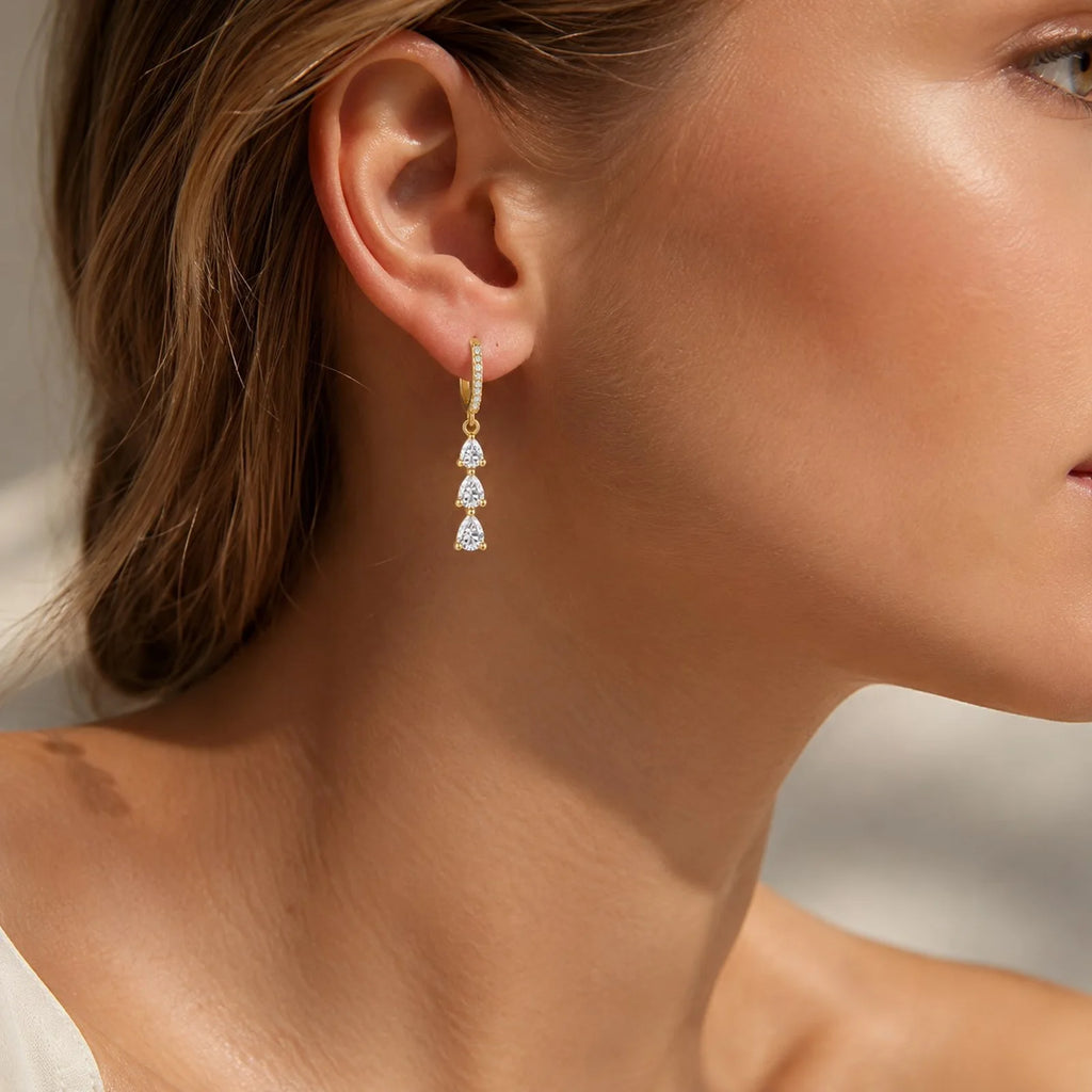 14K Gold Plated Drop Fringe Earrings – CZ Marquise Studs Drop Fringe Earrings SPOT