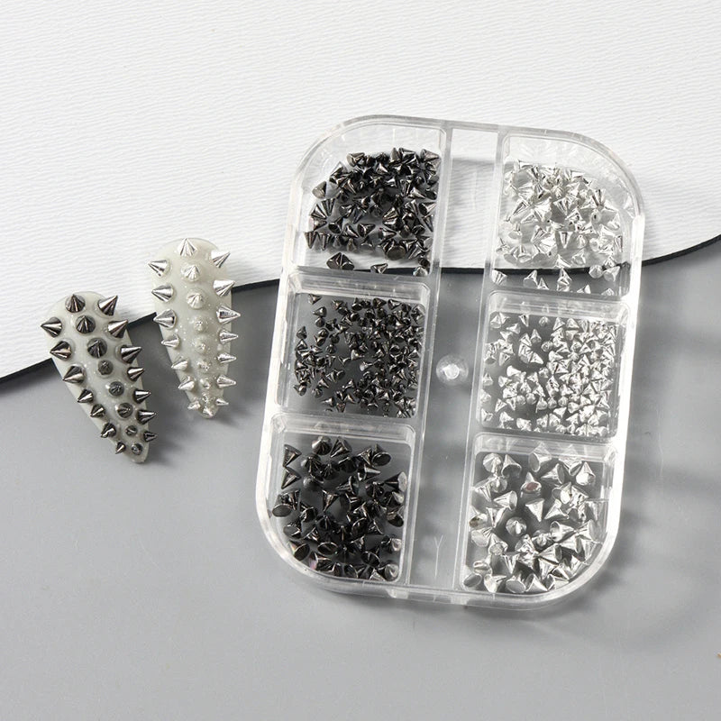 Y2K Punk Metal Rivet Nail Charms – 6-Grid Black & Silver Studs Nail Art Charms SPOT
