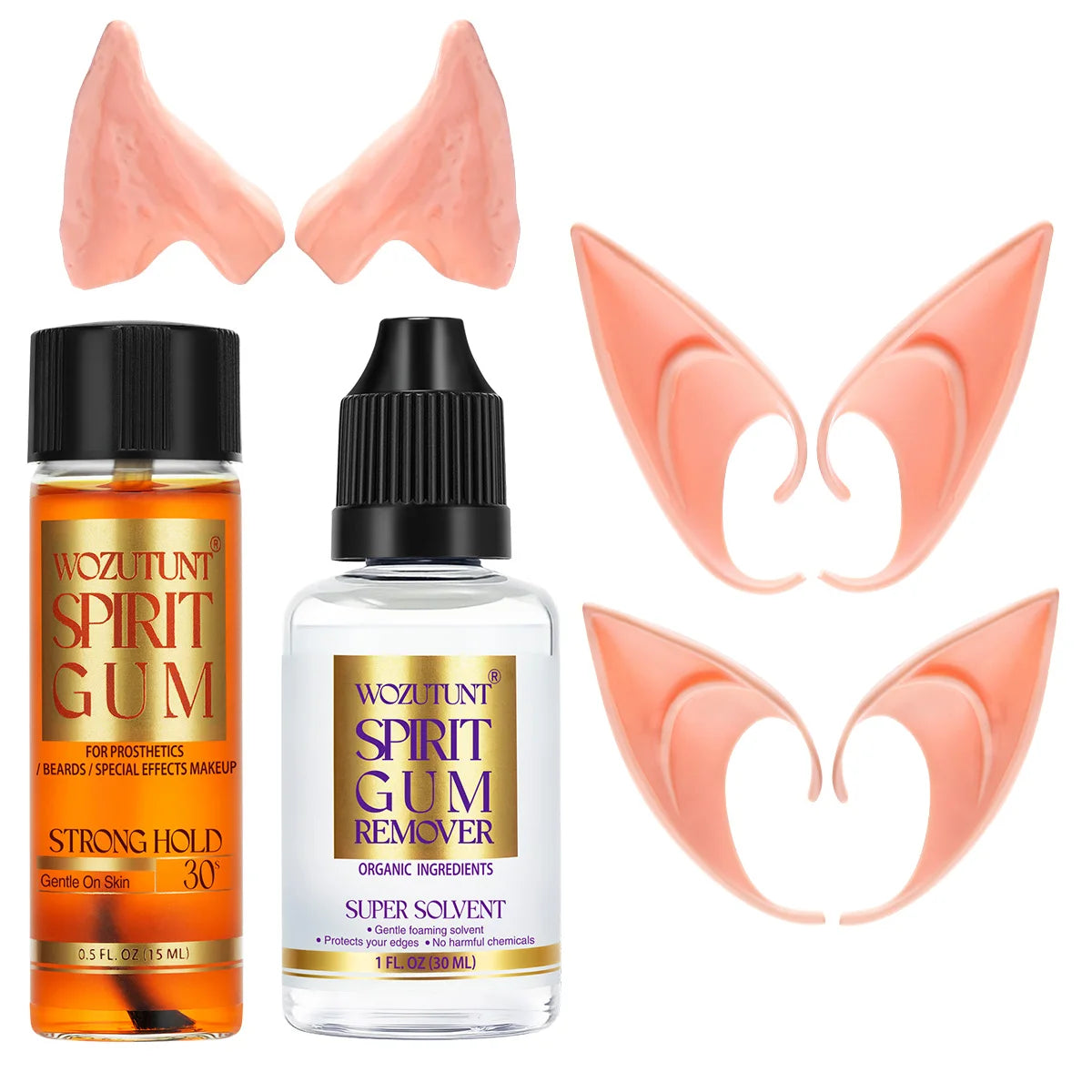 Spirit Gum Set with Latex Elf Ears – Halloween SFX Cosplay Kit SFX Cosplay Makeup Set SPOT 5pc-15glue-30ml-ears
