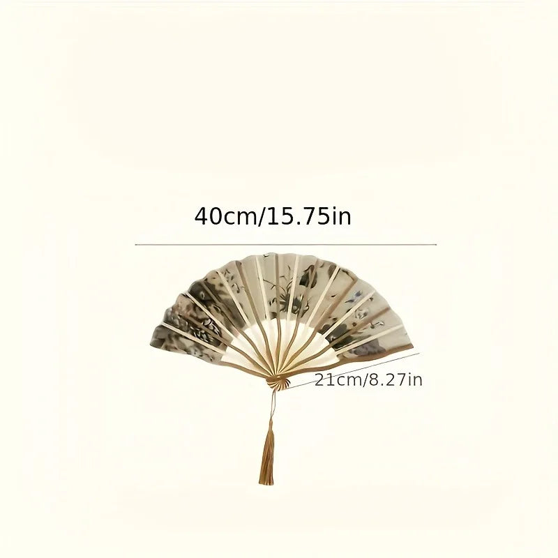 Chinese Ink Painting Folding Fan – Bamboo Cloth Fan with Tassel Decorative Folding Fan SPOT
