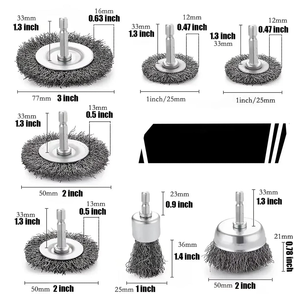 Wire Cup Brush Set 1/4" Hex Shank – Carbon Steel, 3 or 10 Pc Wire Brush Set SPOT
