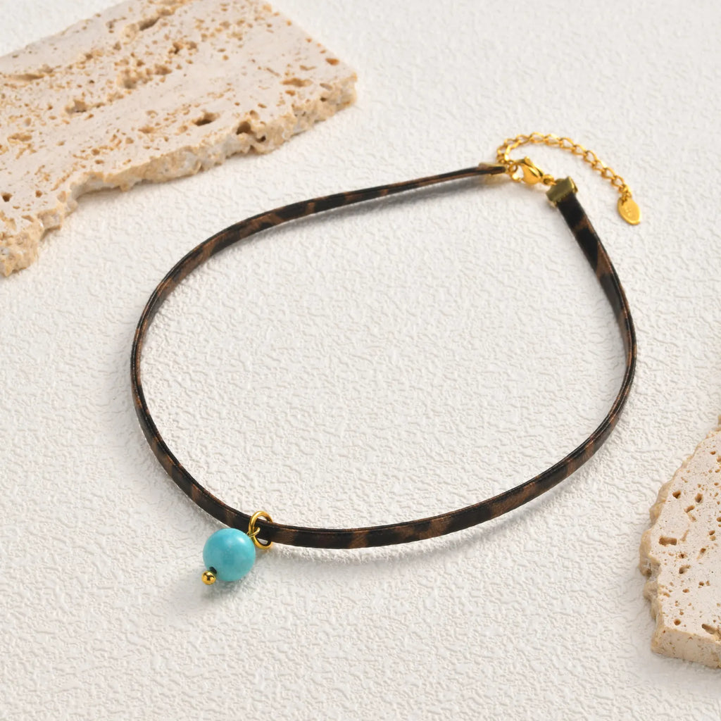 Leopard Leather Choker – 18K Gold Plated Turquoise Pendant Choker Necklace SPOT