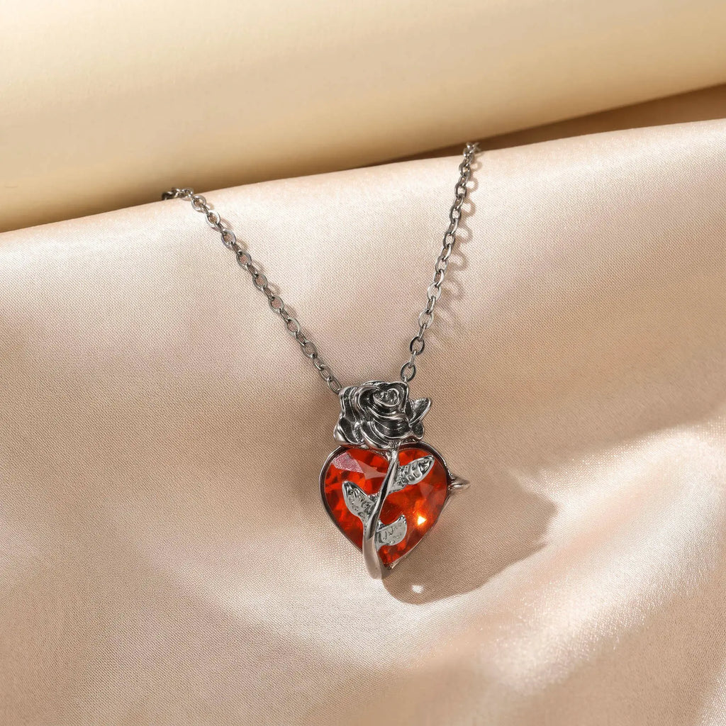 Gothic Rose Heart Necklace – Red Rhinestone Pendant for Women Pendant Necklace SPOT
