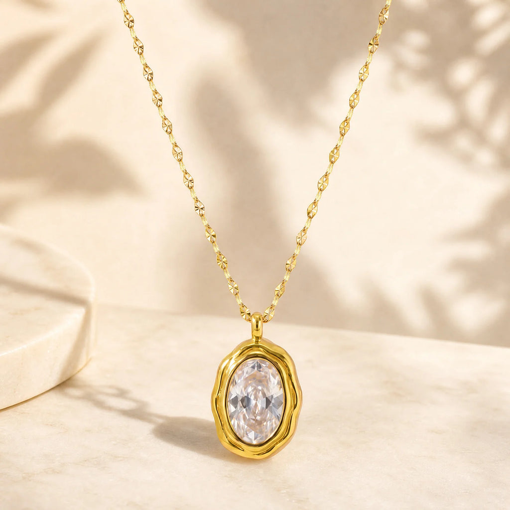 Textured Oval CZ Crystal Necklace – 18K Gold Plated Pendant Pendant Necklace SPOT