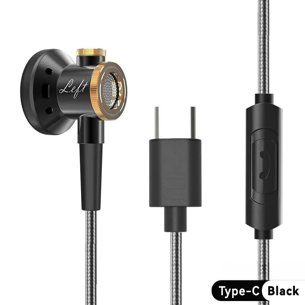 VIKEFON D08 Flat-Head Earbuds 16mm Driver Aluminum Inline Mic Wired Flat-Head Earbuds SPOT Type-C Black