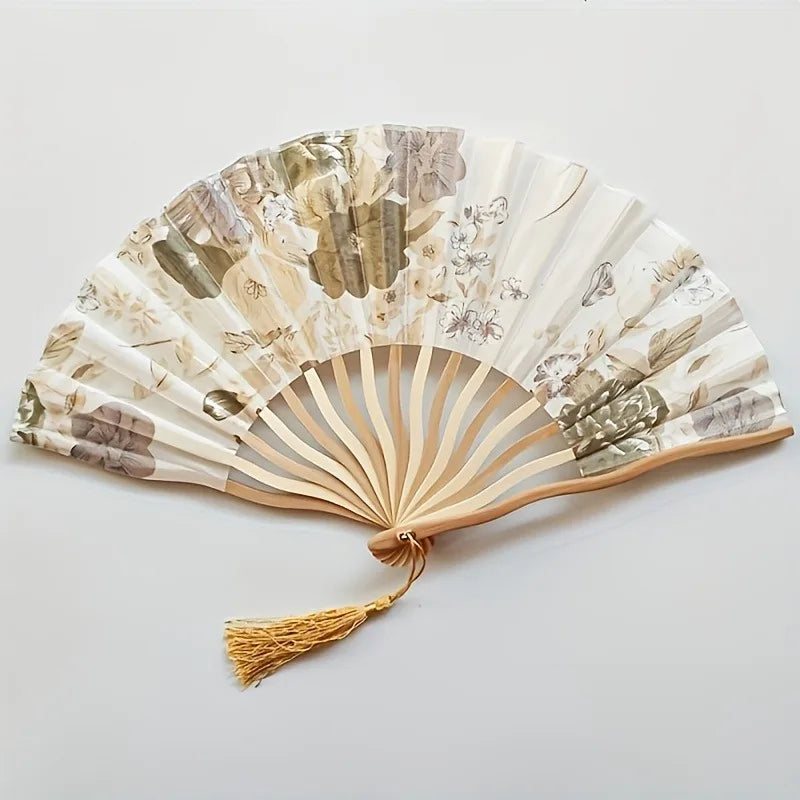 Chinese Ink Painting Folding Fan – Bamboo Cloth Fan with Tassel Decorative Folding Fan SPOT