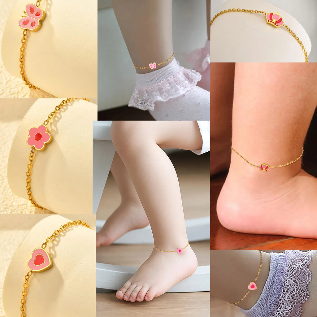 Kids Charm Anklet – Heart Flower Butterfly | Stainless Steel Kids Charm Anklet SPOT