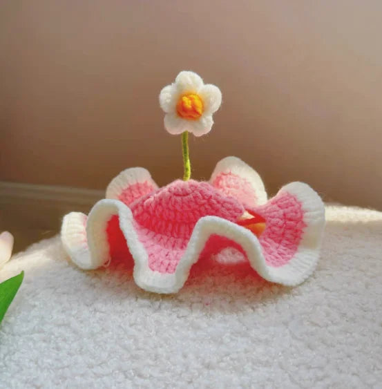 Cute Flower Crochet Pet Hat – Knit Cap for Cats & Small Dogs Pet Costume Hat SPOT Pink M
