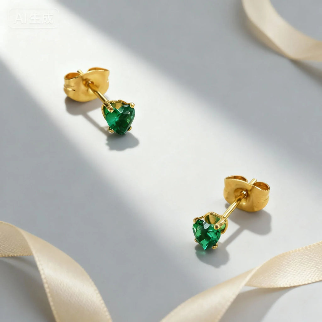 Emerald Green Zircon Heart Stud Earrings – 18K Gold Plated Steel Zirconia Stud Earrings SPOT