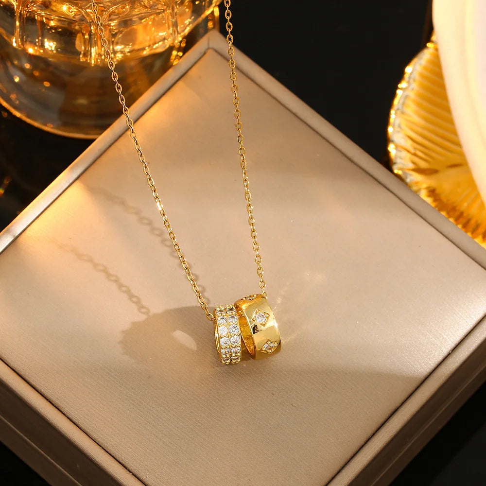 Meaeguet Double Circle Zircon Necklace – Gold Stainless Steel Pendant Necklace SPOT