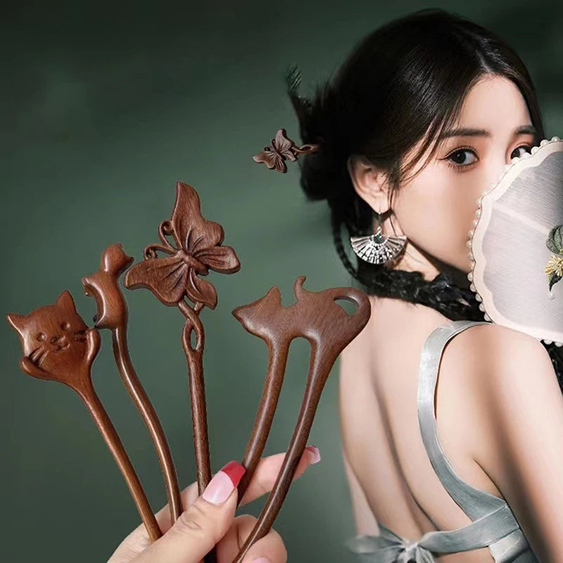 Handmade Sandalwood Hair Sticks & Forks – Carved Retro Style Hair Sticks & Forks SPOT