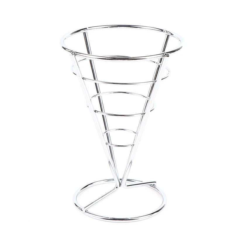 Stainless Steel French Fry Cone Basket Stand with Sauce Cup Fry Serving Basket SPOT