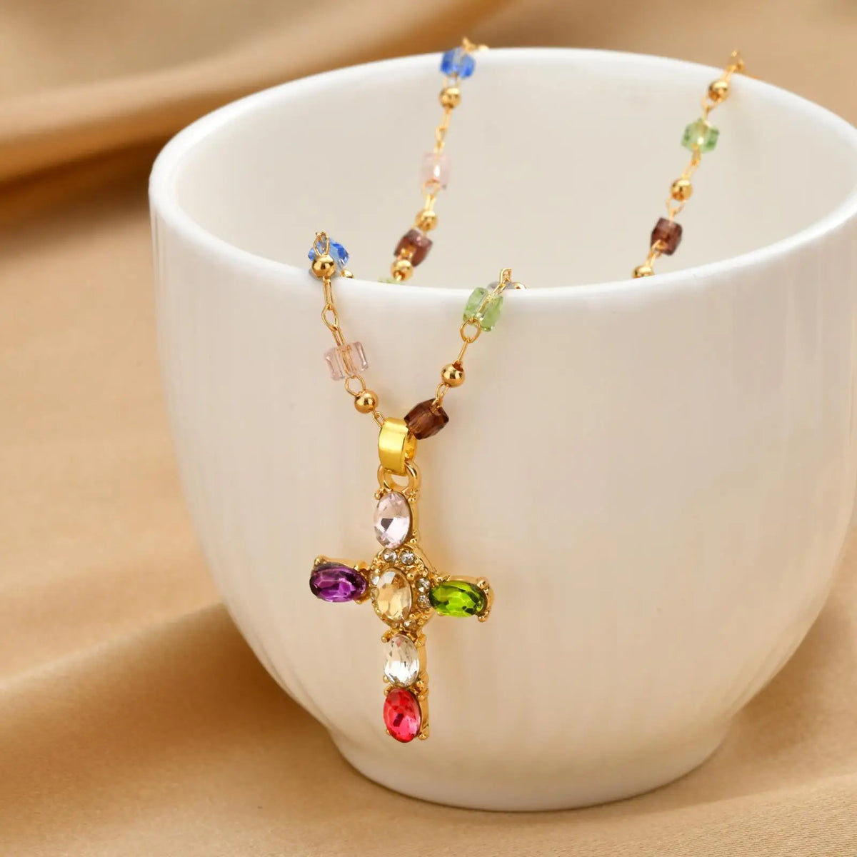 Rainbow Crystal Cross Necklace – Zircon Boho Clavicle Chain Pendant Necklace SPOT