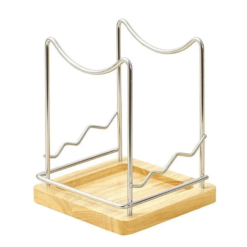 Stainless Steel Pot Lid Organizer with Wooden Drip Tray Kitchen Lid Organizer SPOT