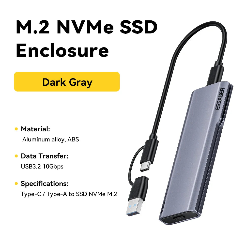 Essager M.2 NVMe SSD Enclosure 10Gbps USB 3.2 Gen2 USB-C & USB-A SSD Enclosure Adapter SPOT Grey