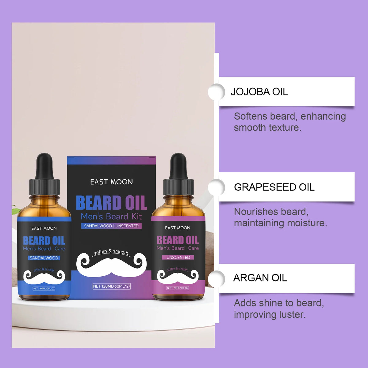 East Moon Beard Oil Kit – Unscented & Sandalwood | 2×30ml Beard Oil Kit SPOT