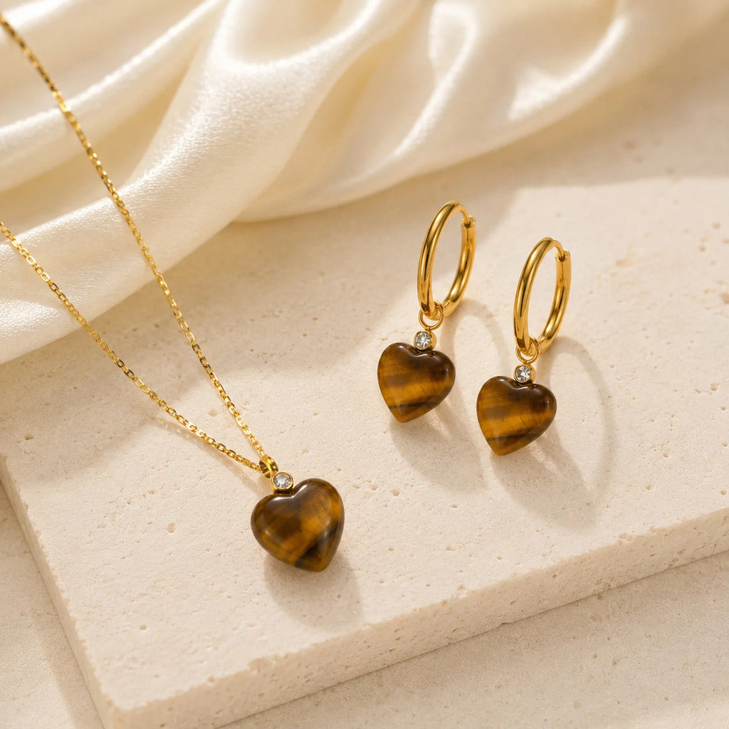 Tiger's Eye Heart Dangle Earrings – 18K Gold Plated CZ Dangle Earrings SPOT
