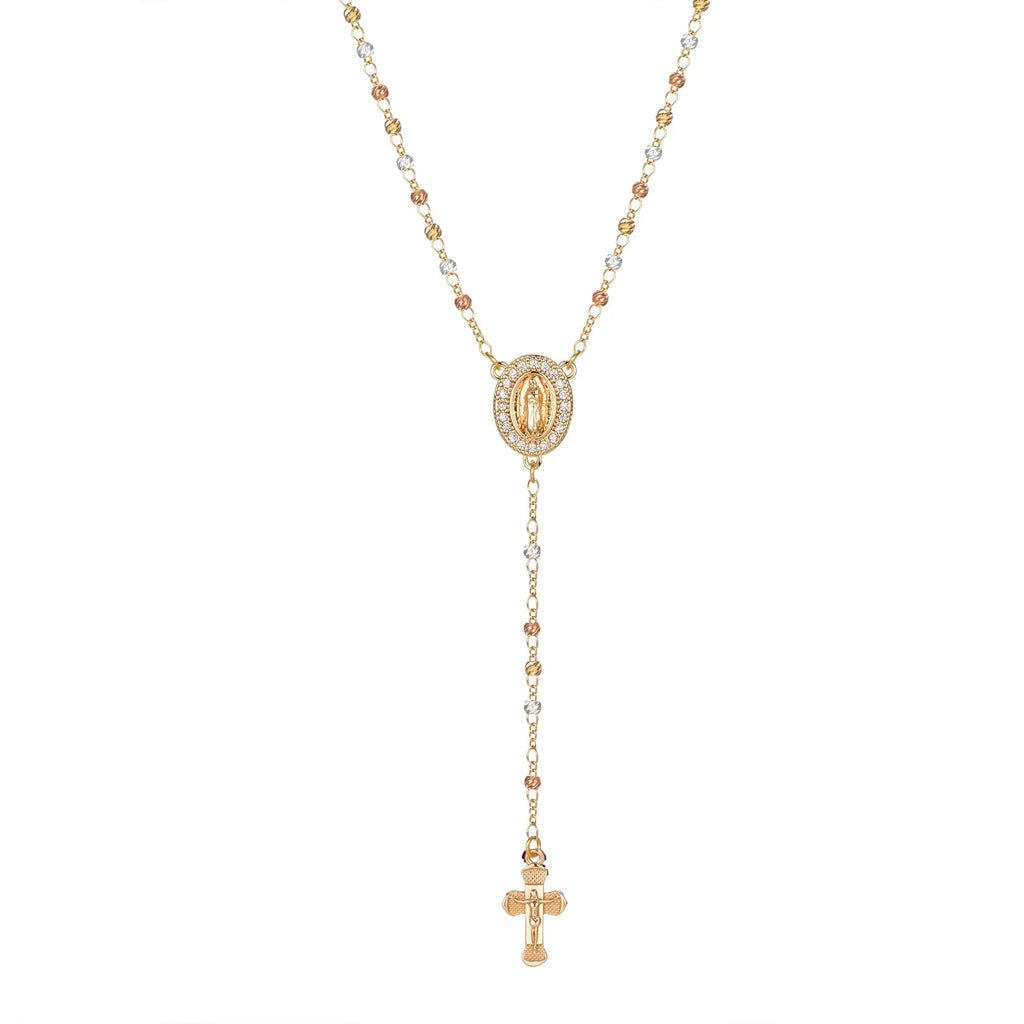 Virgin Mary St Benedict Rosary Beads Y Necklace | Gold Pendant Necklace SPOT PNB-284G-18