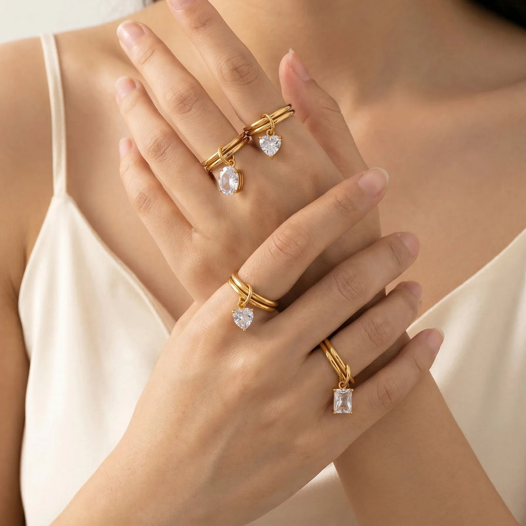 18K Gold Plated CZ Dainty Drop Stackable Ring – Waterproof Stackable Gold Ring SPOT